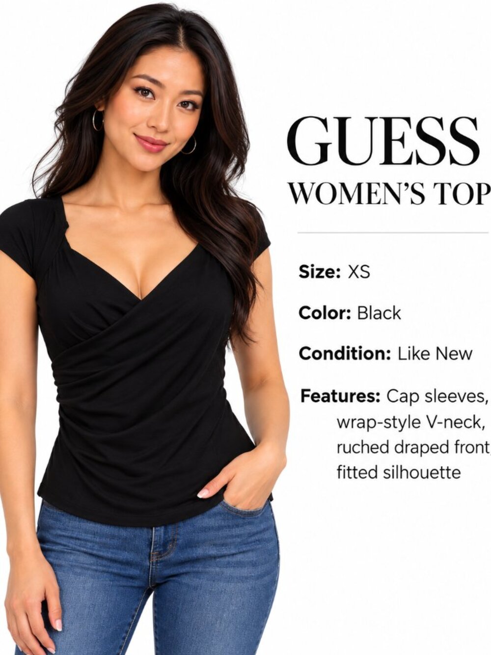 GUESS Women’s Black Wrap Front Top Size XS Cap Sleeve V-Neck Like New